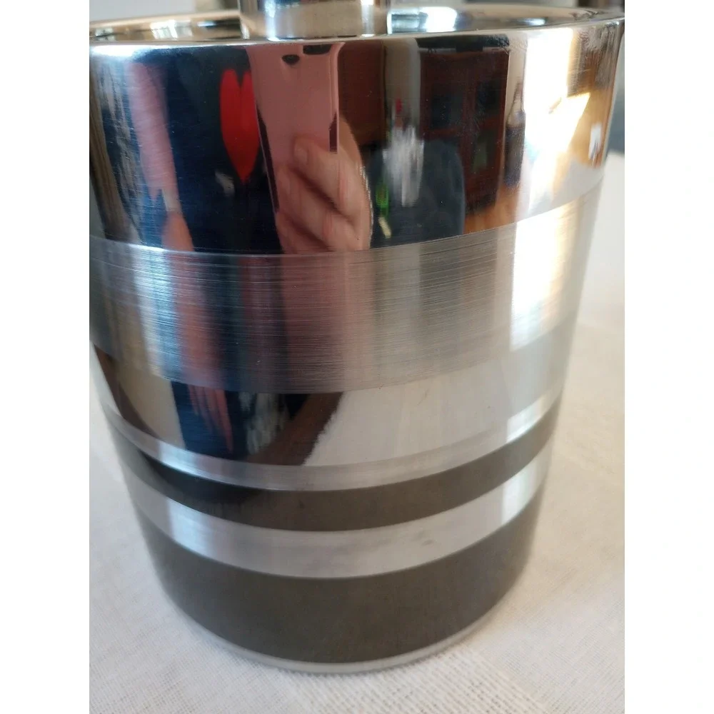 Crate&Barrel 3 Tone Stripe Ice Bucket 405-523 Made In India Silver/Graphite
